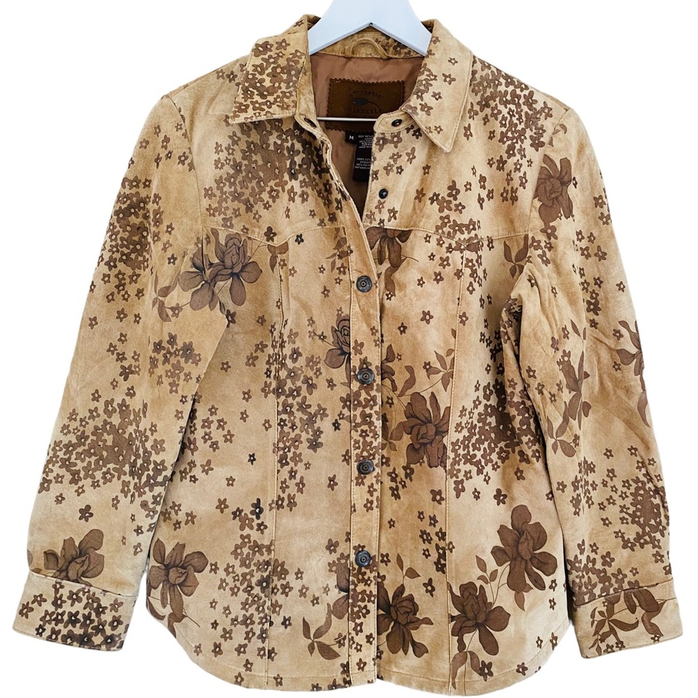 Authentic Washable‎ Suede Y2K 100% Leather Floral Snap Closure Shacket Medium